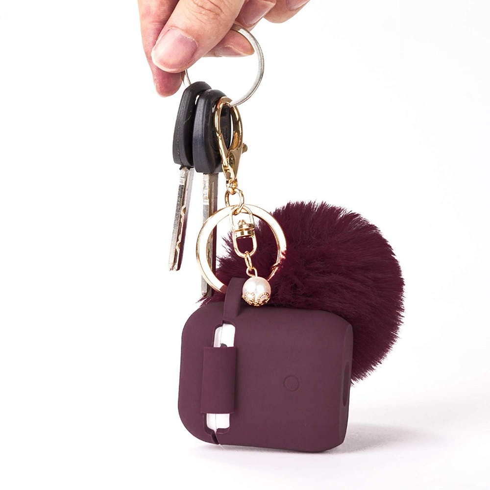 Airpod Case with PomPom keychain Maroon - Picture 2 of 3